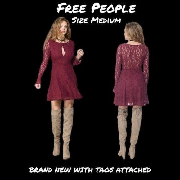 Free People Fit Flare Long Sleeve Lace Cutout Peasant Dress Medium New with Tag - Picture 1 of 3